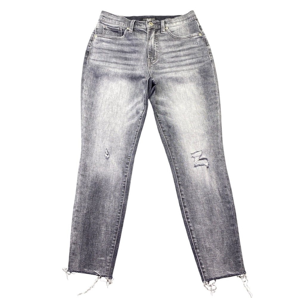 Lucky Brand Bridgette High Rise Skinny Jeans Grey Distressed Raw Hem Size 8/29A